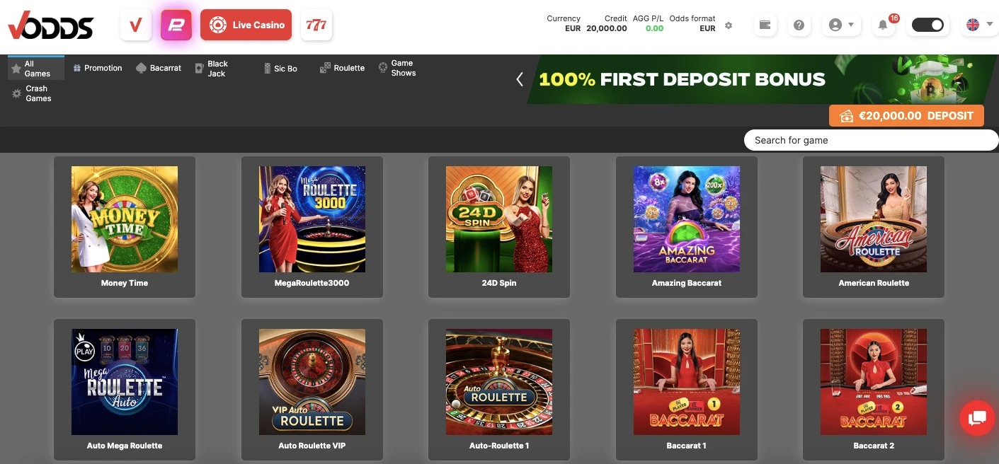 Seleção de jogos de casino ao vivo na VOdds
